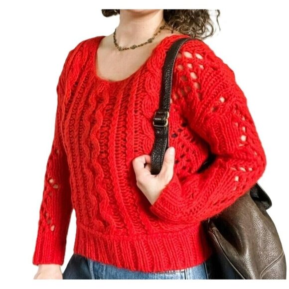 Free People Sweater Women's Sz S Red Open Cable Knit Chunky Pullover Long Sleeve - Picture 1 of 13